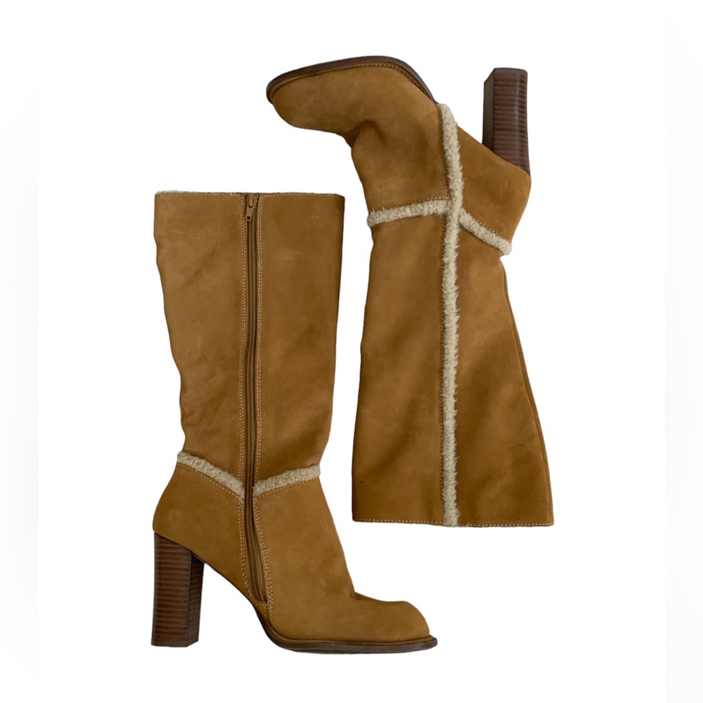 MIA Hugo Suede Sherpa Trim High Heel Boots Tan Brown C6210